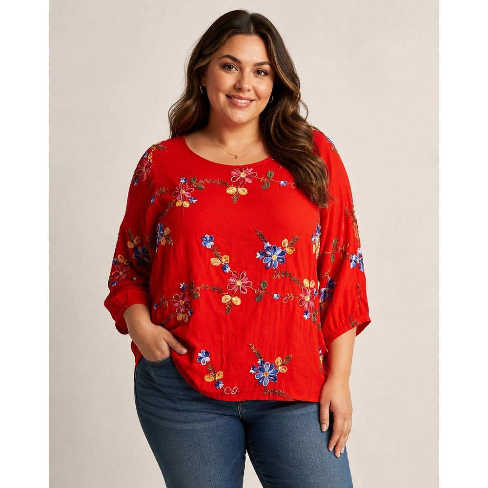 Ana & Rose Red Embroidered Floral Blouse 2X‎ XXL Boho Cottagecore Top